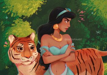 1girl aladdin_(movie) bare_shoulders black_hair breasts brown_eyes dark-skinned_female dark_skin earrings jasmine_(disney) jewelry long_hair luztapiaart necklace off_shoulder shirt solo tiger very_long_hair