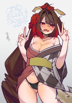 2girls absurdres animal_ears bare_shoulders black_panties blush breasts brown_hair cleavage dog_ears dog_girl dog_tail double_v fang fate/grand_order fate_(series) flower grey_background hair_flower hair_ornament highres japanese_clothes katsushika_hokusai_(fate) kimono kyokutei_bakin_(fate) kyokutei_bakin_(second_ascension)_(fate) large_breasts multicolored_hair multiple_girls obi off_shoulder open_mouth panties red_eyes red_flower red_hair sash shiawase_hougan solo solo_focus sweat tail translation_request trembling underwear v