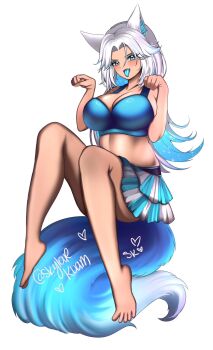 1girl 2025 artist_name barefoot begging blush breasts character_name fang highres indie_virtual_youtuber large_breasts sitting skylar_kuam skylarkuam tongue tongue_out white_background