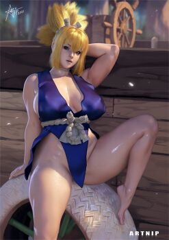 1girl arms_up artist_name artnip bare_legs barefoot blonde_hair blue_dress breasts choker cleavage collarbone dr._stone dress feet female_focus green_eyes hair_ornament highleg kohaku_(dr._stone) large_breasts legs looking_at_viewer no_panties open_mouth outdoors sideboob sidelocks sitting sleeveless solo wheel