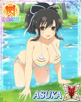 1girl :d asuka_(senran_kagura) bent_over bikini border breasts brown_eyes brown_hair card_(medium) character_name cleavage day front-tie_bikini_top front-tie_top game_cg grass hair_ribbon large_breasts long_hair looking_at_viewer official_art open_mouth outdoors ponytail rainbow_bikini ribbon river senran_kagura senran_kagura_new_wave short_ponytail side-tie_bikini_bottom smile solo striped_bikini striped_clothes swimsuit third-party_source wading wet white_ribbon