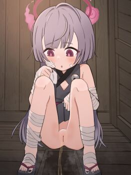 1girl ahoge bandaged_ankle bandaged_fingers bandaged_foot bandaged_hand bandaged_wrist bandages bandaid bandaid_on_cheek bandaid_on_face bathroom black_kimono black_nails black_sandals blue_archive blush clothes_lift flat_chest grey_hair halo holding japanese_clothes kimono kimono_lift loli long_hair looking_down nail_polish no_panties oni open_mouth ottjelly peeing purple_eyes pussy sandals shuro_(blue_archive) sleeveless sleeveless_kimono squat_toilet squatting steam tissue toilet toilet_use uncensored