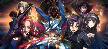 2girls 4boys arm_up artist_request ascot backlighting bilingual_text black_cape black_hair black_hairband black_shirt blonde_hair blue_cape blue_eyes breasts brown_hair cape carly_disel cleavage clenched_hand closed_mouth code_geass code_geass:_lost_stories collarbone copyright_name dual_persona earrings english_text epaulettes fighting_stance forehead geass gem glowing glowing_eye glowing_eyes gold_trim green_eyes green_gemstone hair_between_eyes hair_intakes hair_ornament hairband hairclip hand_in_own_hair hand_on_own_cheek hand_on_own_face hand_up happy high_collar highres holding holding_sword holding_weapon jacket japanese_text jewelry kururugi_suzaku lace-trimmed_hairband lace_trim large_breasts legs_apart lelouch_vi_britannia licking_lips long_hair long_sleeves looking_at_viewer mario_disel maya_disel mecha mixed-language_text mole mole_under_mouth multiple_boys multiple_girls non-web_source official_art open_mouth orange_background order_of_the_black_knights_uniform outstretched_arm parted_lips pendulum_(code_geass) profile purple_eyes purple_vest raised_eyebrow red_eyes red_hair robot schneizel_el_britannia shirt short_hair sidelocks small_breasts smile standing sword teeth tongue tongue_out two-sided_cape two-sided_fabric upper_body v-shaped_eyebrows vest weapon white_ascot white_jacket yellow_ascot