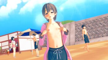 2boys 2girls 3d artist_request beach blue_male_swimwear blue_sky blue_swim_trunks blurry blurry_background blush crossdressing drawstring exhibitionism flat_chest grey_eyes grey_hair highres idolmaster idolmaster_cinderella_girls jacket male_swimwear male_swimwear_challenge multiple_boys multiple_girls nipples open_clothes open_jacket otokura_yuuki pink_jacket public_indecency reverse_trap sand short_hair sky source_request standing swim_trunks tagme topless_female