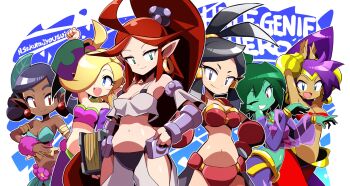Rule 34 | 6+girls, :d, ahoge, arrow (symbol), bare shoulders, black hair, blonde hair, blue eyes, book, breasts, cleavage, colored skin, commentary request, dark-skinned female, dark skin, fillin (shantae), green eyes, green hair, green skin, grin, harem pants, harmony (shantae), high ponytail, highres, holding, holding book, long hair, looking at viewer, midriff, multiple girls, navel, one eye closed, open mouth, pants, plink (shantae), pointy ears, ponytail, purple eyes, purple hair, red eyes, red hair, rottytops, sakurajyousui nami, see-through clothes, see-through sleeves, shantae, shantae (series), shantae and the seven sirens, signature, smile, vera (shantae), zapple (shantae)