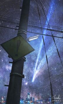 ! artist_name building city city_lights commentary_request dated floodlights highres kinoko_no_sato meteor night night_sky no_humans original outdoors photorealistic power_lines realistic road_sign scenery sign signature sky skyscraper star_(sky) starry_sky utility_pole
