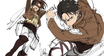 Rule 34 | 1girl, 2boys, 35ohama yu, arms behind head, black hair, boots, breasts, brown boots, brown hair, brown jacket, commentary, cropped jacket, dual wielding, erwin smith, feet out of frame, furrowed brow, glasses, hand up, hange zoe, highres, holding, holding weapon, jacket, levi (shingeki no kyojin), medium breasts, medium hair, multiple boys, open mouth, panties, parted bangs, ponytail, shingeki no kyojin, shirt, short hair, sketch, smile, symbol-only commentary, underwear, weapon, white background, white panties, yellow shirt