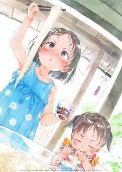 2girls :t arm_up bare_arms bare_shoulders black_hair blue_dress blush brown_eyes cat_hair_ornament child chopsticks closed_eyes closed_mouth collarbone commentary_request cup dress drinking_glass eating floral_print food food_print forehead fruit_print gomennasai hair_ornament hairclip highres holding holding_chopsticks holding_cup holding_food looking_up multiple_girls noodles original panda_hair_ornament parted_bangs parted_lips print_dress siblings sisters sleeveless sleeveless_dress sweat twintails v-shaped_eyebrows watermelon_print white_dress wind_chime