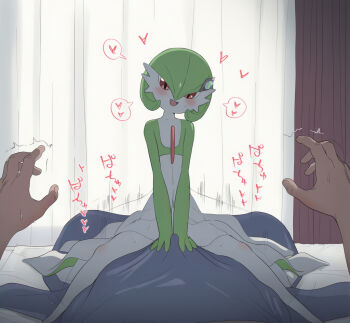1boy 1girl blush colored_skin couple flat_chest gadofunoo gardevoir gen_3_pokemon girl_on_top green_hair green_skin heart hetero looking_at_another multicolored_skin nintendo on_bed pokemon pokemon_(anime) pokemon_(creature) pokemon_legends:_z-a poketoon pov red_eyes sitting sitting_on_person two-tone_skin white_skin