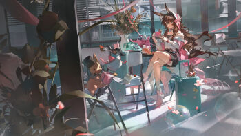 1girl absurdres amiya_(arknights) animal_ears arknights bag balloon bird birthday black_shirt black_skirt blue_eyes bonnet bracelet braid braided_sidelocks brown_hair cake cape chair chinstrap commentary corded_phone crossed_legs cup drink duck english_commentary flower food fork full_body gift hair_between_eyes hat hat_flower highres holding holding_cup holding_plate indoors jewelry long_hair multiple_rings off-shoulder_shirt off_shoulder phone pink_cape pink_ribbon pink_shoes pitcher_(container) plate rabbit rabbit_ears rabbit_girl ribbon ring ring_on_every_finger rolling_suitcase shaokao_lajitong shirt shoes short_sleeves sitting skirt smile socks solo suitcase table teacup thigh_strap vase white_bonnet white_shirt white_socks window