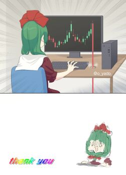1girl bow chair computer dress english_text frilled_bow frilled_ribbon frills front_ponytail green_eyes green_hair hair_bow hair_ribbon highres kagiyama_hina on_chair red_bow red_dress red_ribbon ribbon solo stock_chart tagme thank_you touhou wrist_ribbon yadoyuki