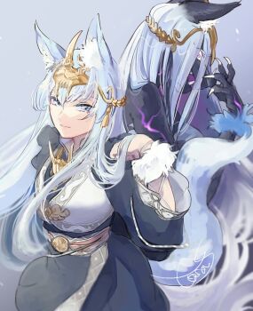 1girl alternate_form animal_ear_fluff animal_ears blue_eyes blue_hair breasts dark_persona dual_persona fingernails fire_emblem fire_emblem_shadows furry furry_female hair_between_eyes hair_ornament hati_(fire_emblem) highres jewelry laughing long_fingernails looking_back medium_breasts nintendo purple_eyes signature simple_background smile tail tosa_f upper_body wolf_ears wolf_girl wolf_tail
