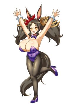 1girl absurdres animal_ears armpits arms_up bow bowtie breasts brown_hair commentary detached_collar english_commentary fang full_body hair_ornament high_heels highleg highleg_leotard highres horse_ears horse_girl horse_tail huge_breasts leotard long_hair looking_at_viewer marvelous_sunday_(umamusume) mixed-language_commentary open_mouth pantyhose parted_bangs playboy_bunny puffywaffles purple_leotard purple_shoes shoes sidelocks simple_background smile solo sparkling_eyes standing standing_on_one_leg strapless strapless_leotard tail traditional_bowtie umamusume white_background wrist_cuffs