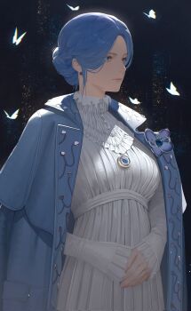 1girl blue_coat blue_eyes blue_hair bug butterfly closed_mouth coat commentary dress drid english_commentary eyelashes highres insect lies_of_p looking_ahead open_clothes open_coat own_hands_together solo sophia_monad standing white_butterfly white_dress