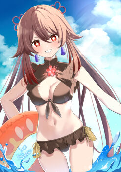 1girl absurdres alternate_breast_size_(larger) artist_name bikini blue_sky breasts brown_bikini brown_hair brown_shrug cleavage cloud cloudy_sky commentary_request cowboy_shot day earrings flower-shaped_pupils frilled_bikini frilled_shrug frills genshin_impact grin hair_between_eyes highres holding holding_swim_ring honeyrain_re hu_tao_(genshin_impact) innertube jewelry long_hair looking_at_viewer medium_breasts navel ocean open_mouth outdoors red_eyes shrug_(clothing) signature sky sleeveless_shrug smile solo stomach sunlight swim_ring swimsuit symbol-shaped_pupils tassel tassel_bikini_bottom tassel_earrings teeth turtleneck_shrug watermark