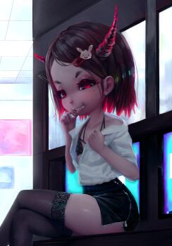 1girl black_thighhighs blush bra collarbone collared_shirt computer crossed_legs desk feet_out_of_frame fiz-rot flat_chest highres horns indoors loli office_lady pencil_skirt shirt short_hair sitting skirt smug thighhighs unbuttoned unbuttoned_shirt underwear white_shirt