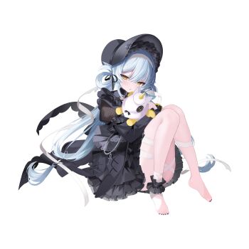 absurdres aqua_hair artist_request barefoot black_bonnet black_dress bonnet button_eyes buttons chain dress feet frilled_dress frills gothic_lolita grey_nails hair_between_eyes hair_extensions hair_rings hair_tie hairband highres holding holding_stuffed_toy knees_up lace_collar legs lolita_fashion long_hair looking_at_viewer low-tied_hair_ring nono_(poker_fate) official_art open_mouth poker_fate quad_hair_rings ribbon ribbon-trimmed_collar ribbon_trim ring_hair_extensions ring_hair_ornament single_ankle_cuff stuffed_animal stuffed_toy stuffed_unicorn thigh_bands thigh_strap transparent_background white_hairband white_ribbon yellow_eyes