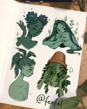 Rule 34 | 4girls, breasts, closed eyes, closed mouth, colored skin, feefal, green hair, green skin, highres, lips, long hair, monster girl, multiple girls, nude, original, plant, plant girl, ponytail, potted plant, procreate (medium)