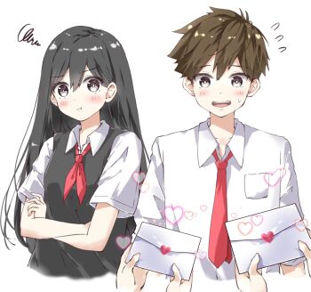 Rule 34 | 1boy, 1girl, 2others, :d, :t, alternate skin color, antenna hair, bare arms, black eyes, black hair, black sweater vest, blush, breasts, bright pupils, brown hair, closed mouth, collared shirt, commentary request, cropped torso, crossed arms, double-parted bangs, envelope, flying sweatdrops, hair behind ear, hair between eyes, heart, hero (faraway) (omori), hero (omori), highres, holding, holding envelope, jealous, joshik anknice, long hair, looking at object, looking at viewer, looking down, mari (faraway) (omori), mari (omori), multiple others, neckerchief, necktie, omori, open mouth, pocket, red neckerchief, red necktie, school uniform, shirt, short hair, short sleeves, simple background, small breasts, smile, squiggle, sweatdrop, sweater vest, tareme, teeth, tongue, upper teeth only, very long hair, very short hair, white background, white pupils, white shirt, wide-eyed