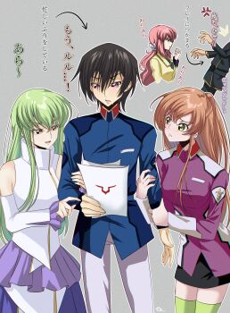 2boys 3girls absurdres black_hair blue_eyes blush breasts brown_hair budgiepon c.c. c.c._(cosplay) code_geass company_connection cosplay dress eric_flay flay_allster green_hair gundam gundam_seed hair_ornament highres kira_yamato kira_yamato_(cosplay) lacus_clyne lacus_clyne_(cosplay) lelouch_vi_britannia lelouch_vi_britannia_(cosplay) long_hair long_sleeves medium_breasts military military_uniform multiple_boys multiple_girls open_mouth pink_hair ponytail purple_eyes red_hair school_uniform shirley_fenette shirley_fenette_(cosplay) short_hair skirt smile sunrise_(company) thighhighs