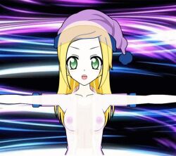 animated blonde_hair blush digimon digimon_(creature) digimon_frontier embarrassed evolution fairimon gloves green_eyes hat head_wings jacket long_hair mask nipples orimoto_izumi spirit_evolution transformation video wings