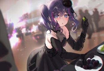 1girl black_dress black_gloves blue_eyes blurry blurry_background breasts cleavage commentary commentary_request dress elbow_gloves english_commentary erie_ever_(torriet) food fourlights fruit gloves grapes hair_ornament highres indoors mixed-language_commentary multicolored_hair original party people pink_hair plate purple_hair revision see-through_cleavage see-through_clothes solo_focus streaked_hair table torriet twintails
