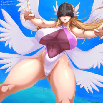 1girl angel angel_wings angewomon blue_background blue_sky covered_eyes cowboy_shot dclaret digimon digimon_(creature) head_wings helmet helmet_over_eyes highres midair multiple_wings ocean one-piece_swimsuit purple_one-piece_swimsuit sky solo swimsuit white_one-piece_swimsuit white_wings wings