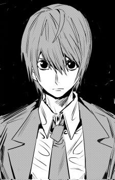 1boy black_background brown_hair closed_mouth collared_shirt commentary corrupted_twitter_file death_note highres jacket male_focus necktie portrait screentones shirt short_hair simple_background solo suit_jacket symbol-only_commentary xi_luo_an_ya yagami_light