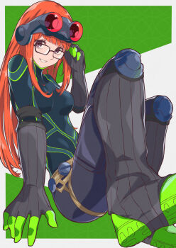 1girl black-framed_eyewear black_bodysuit bodysuit breasts elbow_gloves feet_out_of_frame glasses gloves goggles goggles_on_head green_bodysuit grin hand_up highres knee_pads looking_at_viewer multicolored_bodysuit oracle_(persona_5) orange_hair pekeponn persona persona_5 purple_eyes sakura_futaba sitting small_breasts smile solo teeth