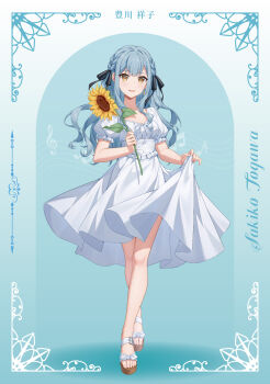 Rule 34 | 1girl, absurdres, ave mujica (bang dream!), bang dream!, black ribbon, blue hair, braid, breasts, character name, chinese commentary, cleavage, commentary request, copyright name, dress, flower, full body, hair ribbon, highres, holding, holding flower, long hair, looking at viewer, musical note, nuoweisenlin tongren gongzuoshi, ribbon, sandals, short sleeves, skirt hold, smile, solo, standing, sundress, sunflower, togawa sakiko, tujiu sama, white dress, yellow eyes