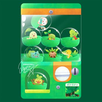 black_eyes bulbasaur chespin chikorita commentary_request fangs gashapon gen_1_pokemon gen_2_pokemon gen_3_pokemon gen_4_pokemon gen_5_pokemon gen_6_pokemon gen_7_pokemon gen_8_pokemon green_background grookey in_container keyhole kinokorin nintendo no_humans open_mouth plant pokemon pokemon_(creature) red_eyes rowlet signature simple_background snivy treecko turtwig vines