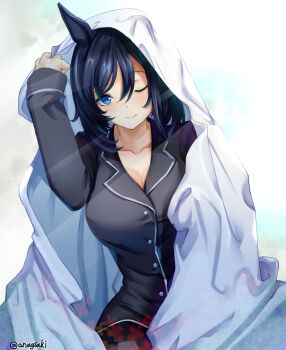 Rule 34 | 1girl, ;), animal ears, aona (anagasaki), arm up, black hair, black pajamas, blanket, blue eyes, breasts, buttons, cleavage, commentary request, eishin flash (umamusume), hair between eyes, highres, horse ears, horse girl, long sleeves, looking at viewer, official alternate costume, one eye closed, pajamas, short hair, smile, solo, twitter username, umamusume