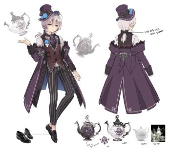 1boy absurdres artist_request ascot black_ribbon black_shoes blue_eyes blue_flower blue_gem boutonniere brooch coat coat_partially_removed commentary commentary_request concept_art dress_shoes english_commentary floating_hair flower frown full_body gem hair_ribbon halloween halloween_costume hat hat_flower highres jewelry king's_raid korean_commentary korean_text long_hair long_sleeves low_ponytail mixed-language_commentary multiple_views off_shoulder official_alternate_costume official_art pants pavel_(king's_raid) plant ponytail purple_ascot purple_coat purple_hat purple_pants purple_ribbon red_vest reference_inset reference_sheet ribbon second-party_source shirt shoes simple_background striped_clothes striped_pants teapot top_hat translation_request vertical-striped_clothes vertical-striped_pants vest vines white_background white_hair white_shirt