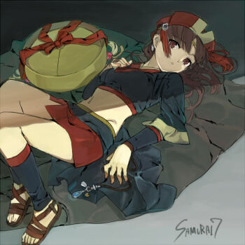 01_0219 1girl amulet brown_eyes brown_hair brown_sandals commentary_request copyright_name grey_background hat japanese_clothes kirara_(samurai_7) knees_up long_hair looking_at_viewer lying midriff miko miniskirt on_back red_ribbon ribbon samurai_7 sandals shadow skirt solo