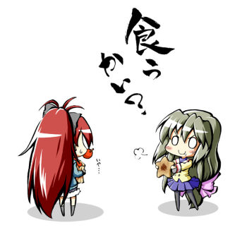 Rule 34 | 00s, 10s, apple, blush, bow, chibi, clannad, crossover, drooling, ego yan, food, fruit, green hair, hair bow, ibuki fuuko, long hair, mahou shoujo madoka magica, mahou shoujo madoka magica (anime), mouth hold, nonaka ai, o o, pantyhose, ponytail, red hair, sakura kyoko, school uniform, shorts, skirt, starfish, translated, very long hair, voice actor connection