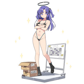 1girl bikini black_bikini black_gloves black_shoes blue_archive box breasts cameltoe cardboard_box cleavage closed_mouth commentary_request covered_erect_nipples crossed_arms full_body gloves groin half_gloves halo hatsunatsu long_hair looking_at_viewer medium_breasts micro_bikini navel partial_commentary purple_eyes purple_hair shoes simple_background small_sweatdrop solo sparkle standing standing_on_one_leg sweat swimsuit two_side_up v-shaped_eyebrows very_long_hair white_background yuuka_(blue_archive)
