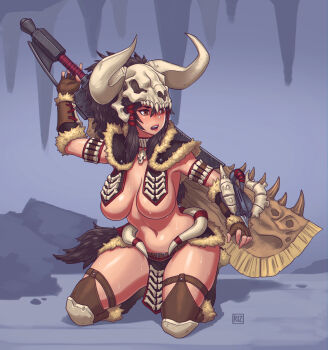 1girl absurdres arm_cannon armor bikini_armor black_hair bolt_(hardware) bone bone_armor_(monster_hunter) boots bow_(weapon) breast_curtains breasts brown_eyes commentary crossbow english_commentary fake_horns female_focus fingerless_gloves full_body gloves greatsword hair_ribbon helmet highres horned_helmet horns huge_weapon knee_boots knee_pads kneeling large_breasts leather leather_gloves lipstick makeup monster_hunter:_world monster_hunter_(series) nervous_sweating parted_lips pelvic_curtain revealing_clothes ribbon riz sidelocks skull_on_head solo sweat sword vambraces weapon weapon_on_back