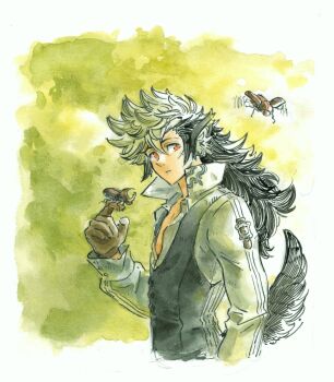 1boy animal_ears beetle bug fire_emblem fire_emblem_fates gloves highres insect keaton_(fire_emblem) kirbuart leather leather_gloves male_focus mullet multicolored_hair nintendo painting_(medium) solo tail traditional_media two-tone_hair watercolor_(medium) werewolf wolf_boy wolf_ears wolf_tail