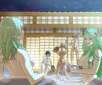 5girls alcohol armpits ass back blonde_hair blue_hair bottle breasts brown_hair bucket catherine_(fire_emblem) choko_(cup) commentary completely_nude cup dark-skinned_female dark_skin drunk english_commentary female_byleth_(fire_emblem) female_pubic_hair fire_emblem fire_emblem:_three_houses flower from_behind gluteal_fold green_eyes green_hair hair_flower hair_ornament highres holding holding_bottle large_breasts long_hair manuela_casagranda medium_breasts multiple_girls navel night night_sky nintendo nipples nude onsen outdoors pomelomelon ponytail pubic_hair purple_eyes rhea_(fire_emblem) same-sex_bathing shamir_nevrand shared_bathing short_hair sky star_(sky) starry_sky very_long_hair wading wooden_bucket