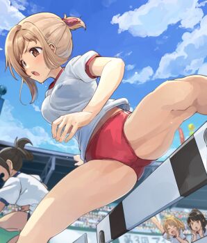 4girls alternate_costume alternate_hairstyle audience bare_legs blonde_hair blue_buruma blue_sky blurry blurry_background blush breasts brown_eyes brown_hair buruma byougaku character_request cheering closed_eyes commentary_request concentrating crotch_seam day depth_of_field exercising fingernails folded_ponytail gym_shirt gym_uniform hachimiya_meguru hurdle idolmaster idolmaster_shiny_colors illumination_stars_(idolmaster) kazano_hiori large_breasts legs lens_flare looking_ahead looking_at_another multiple_girls muscular muscular_female open_mouth outdoors ponytail red_buruma running sakuragi_mano shirt short_hair short_ponytail short_sleeves shouting sky solo_focus stadium sun sunlight sweat teeth upper_teeth_only v-shaped_eyebrows white_shirt