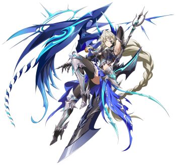 1girl absurdly_long_hair arm_behind_back armor armored_boots armpits black_gloves black_shirt black_thighhighs blonde_hair blue_horns blue_skirt blue_trim blue_wings boots braid braided_ponytail breasts cleavage closed_mouth clothing_cutout elbow_gloves facial_mark fake_horns faulds floating floating_clothes floating_hair full_body game_cg gloves gradient_horns grenshiel_(langrisser) grey_shirt hair_between_eyes high_heel_boots high_heels highres hip_vent holding holding_sword holding_weapon horned_headwear horns huge_weapon langrisser langrisser_mobile leaning leaning_back leaning_on_weapon light_frown long_hair looking_at_viewer low-tied_long_hair medium_breasts messy_bangs multicolored_horns multicolored_shirt official_alternate_costume official_art outstretched_arm pauldrons second-party_source serious shirt shoulder_armor simple_background single_mechanical_wing single_pauldron skirt solo sword tachi-e thighhighs torn_clothes torn_skirt transparent_background underboob very_long_hair weapon wings yellow_eyes zettai_ryouiki