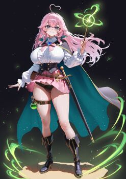 1girl absurdres ahoge belt belt_bag black_background black_boots black_corset black_panties blush boots bow bow_panties breasts cape commentary_request corset crossed_bangs full_body gem gradient_hair green_cape hair_between_eyes heart heart_ahoge high_heels highres holding holding_wand lace lace_panties large_breasts long_hair looking_at_viewer multicolored_hair okayusonmu original panties pink_hair pink_ribbon pink_skirt pleated_skirt potion puffy_sleeves purple_eyes ribbon scabbard sheath shirt sidelocks skirt smile solo sword taut_clothes thigh_strap thighs underwear wand weapon white_shirt wind wind_lift