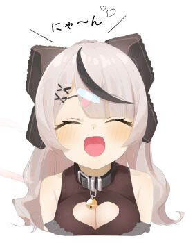 Rule 34 | 1girl, :d, absurdres, arms at sides, bandaid, bandaid hair ornament, bangs pinned back, bare shoulders, bell, black bow, black collar, black dress, black shirt, black streaks, blush, bow, breasts, cleavage, cleavage cutout, closed eyes, clothing cutout, collar, commentary request, cropped torso, crossed bandaids, dot nose, dress, facing viewer, fang, grey hair, hair bow, hair ornament, heart cutout, highres, hololive, large breasts, multicolored hair, neck bell, nema 029, official alternate costume, open mouth, parted bangs, sakamata chloe, sakamata chloe (jirai kei), shirt, simple background, sleeveless, sleeveless dress, sleeveless shirt, smile, solo, streaked hair, virtual youtuber, white background, x hair ornament