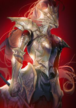 Rule 34 | 1boy, animal helmet, armor, breastplate, cowboy shot, cuso4 suiwabutu, dark souls (series), dark souls i, dragon slayer ornstein, full armor, gauntlets, gold armor, helm, helmet, highres, holding, holding polearm, holding weapon, knight, pauldrons, plate armor, plume, polearm, red background, shoulder armor, spear, standing, weapon