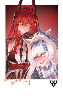 Rule 34 | 2girls, absurdres, animal ears, backpack, bag, black bodysuit, black horns, bodysuit, bow, breasts, commentary request, crazy eyes, crazy smile, curly sidelocks, frilled shirt, frills, grey eyes, hair ornament, hairband, hand on own chin, happy birthday, headpiece, heterochromia, highres, horns, jacket, large breasts, long hair, looking at viewer, mechanical arms, mechanical ears, mole, mole under eye, multiple girls, nekotori (nekotori221), no. 21: feral (tiny bad wolf) (pgr), no. 21 (pgr), official alternate costume, open mouth, polaroid photo, punishing: gray raven, red eyes, red hair, shirt, sidelocks, smile, vera: geiravor (hollow crown) (pgr), vera (pgr), white eyes, white shirt, wolf ears, x hair ornament