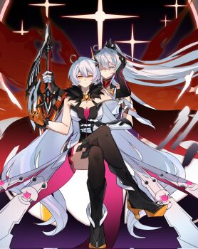 2girls black_boots black_gloves black_thighhighs blue_eyes boots breasts crossed_legs dress dual_persona fur_collar gloves greatsword high_heel_boots high_heels highres holding holding_sword holding_weapon honkai_(series) honkai_impact_3rd invisible_chair kiana_kaslana kiana_kaslana_(herrscher_of_flamescion) kiana_kaslana_(herrscher_of_the_void) long_hair looking_at_viewer medium_breasts multiple_girls orange_gloves shiying_no_yao sitting sword thighhighs vambraces very_long_hair weapon white_dress white_hair yellow_eyes
