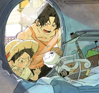 2boys aged_down black_hair brothers c_a_k_e commentary crying freckles going_merry hat highres laundry male_focus monkey_d._luffy multiple_boys one_piece open_mouth orange_tank_top portgas_d._ace shirt siblings straw_hat sweatdrop symbol-only_commentary t-shirt tank_top washing_machine white_shirt