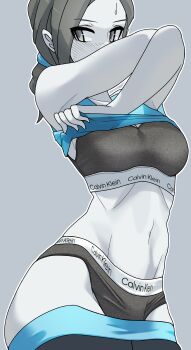 1girl absurdres arms_up black_bra black_hair black_panties black_sports_bra blue_shirt blush bra brand_name_imitation breasts calvin_klein casual clothes_lift clothes_pull clothes_writing colored_skin cowboy_shot crossed_arms female_focus grey_background grey_eyes grey_hair grey_skin highres lifting_own_clothes long_hair looking_at_viewer low_ponytail medium_breasts navel nintendo pale_skin panties pants pants_pull ponytail removing_clothing shirt shirt_lift simple_background solo solo_focus spandex sports_bra standing super_smash_bros. sweat sweatdrop tank_top thighs toned underwear undressing white_skin wide_hips wii_fit wii_fit_trainer wii_fit_trainer_(female) xvrh8558 yoga_pants