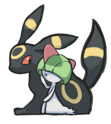 bad_id bad_twitter_id black_fur bowl_cut colored_skin gen_2_pokemon gen_3_pokemon green_hair hair_over_eyes highres horns maemuki nintendo pokemon pokemon_(creature) ralts red_eyes two-tone_fur umbreon white_skin