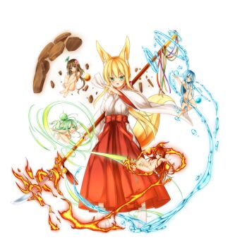 5girls :d :o animal_ears barefoot blonde_hair blue_eyes blue_hair brown_eyes brown_hair earth_(element) earth_elemental element_bending elemental_(creature) fighting_stance fire fire_elemental flat_chest flower fox_ears fox_tail green_eyes hair_flower hair_ornament hakama hakama_skirt haori highres himeka_chiyako hugging_own_legs hydrokinesis japanese_clothes long_hair looking_at_viewer looking_back miko minaha_(playjoe2005) mini_person minigirl multiple_girls naginata nude ofuda open_mouth original polearm pyrokinesis red_eyes red_hair red_hakama simple_background skirt smile tail water water_elemental weapon white_background wide_sleeves wind wind_elemental